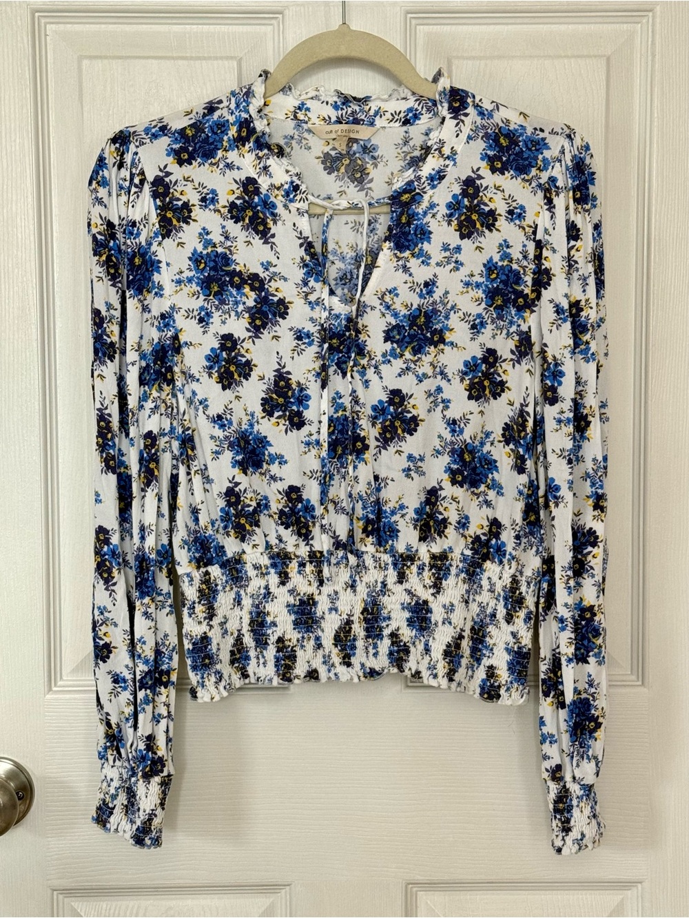 Cult of Design Floral Smocked-Hem Peasant Long Sleeve Top in White Blue Yellow S